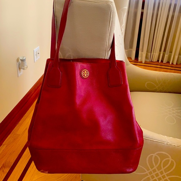 TORY BURCH CHERRY RED MICHELLE TOTE BAG - Picture 1 of 15